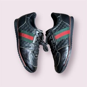 9US Gucci Shoes Micro Guccissima Black Leather Web Low Top Gucci Sneakers
